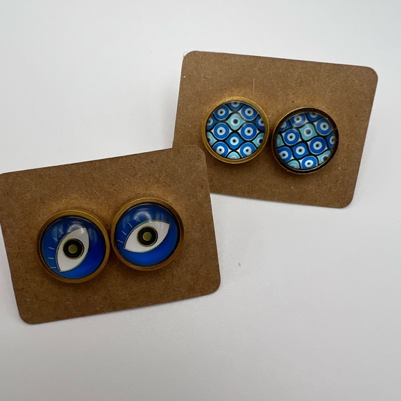Gold Evil Eye Stud Earrings - Trendy Boho Chic Small Earrings - Stylish Studs - Picture 6 of 14